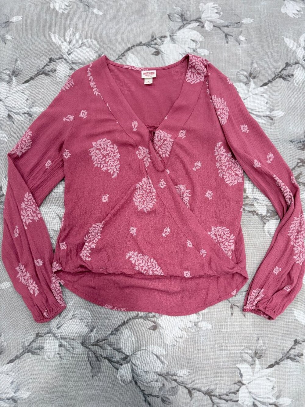 Mossimo Supply Co Boho Faux Wrap Top Small Dusty Rose Floral 100% Rayon Tie Neck - Picture 8 of 13